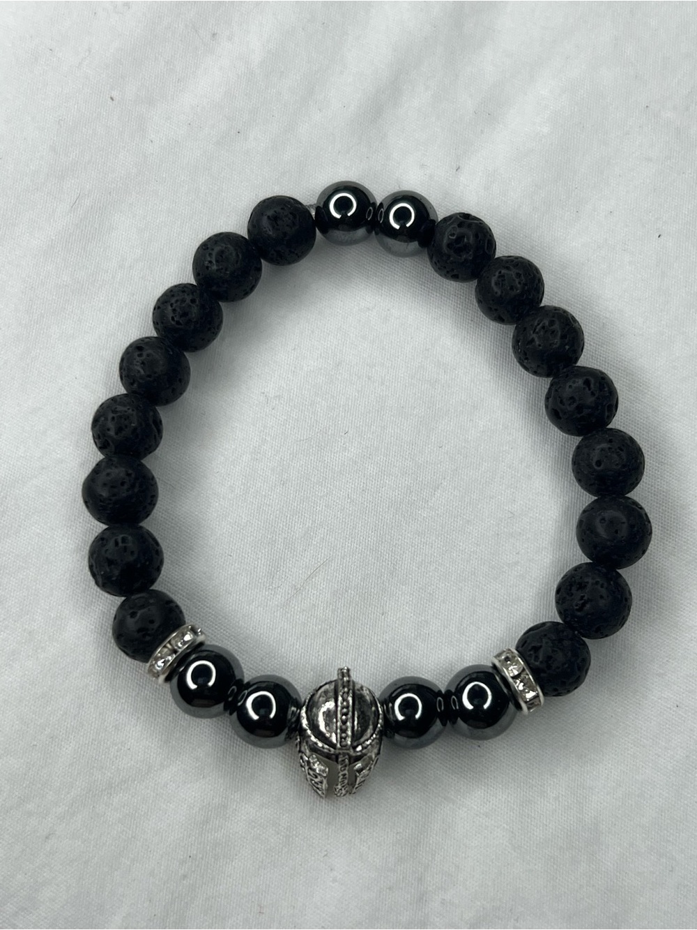 Men's Black Lava & Hematite Bead Bracelet with Spartan Helmet Charm